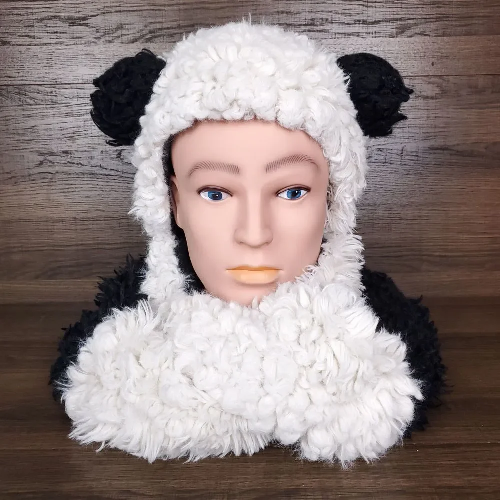Panda Bear Plush Fur Cowl‎ Hooded Infinity Scarf Snood 3D Ears Black White New